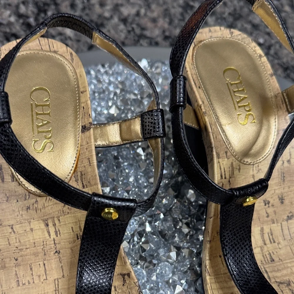 Chaps Raevyn thong Black Cork Wedge Sandals EUC 7.5